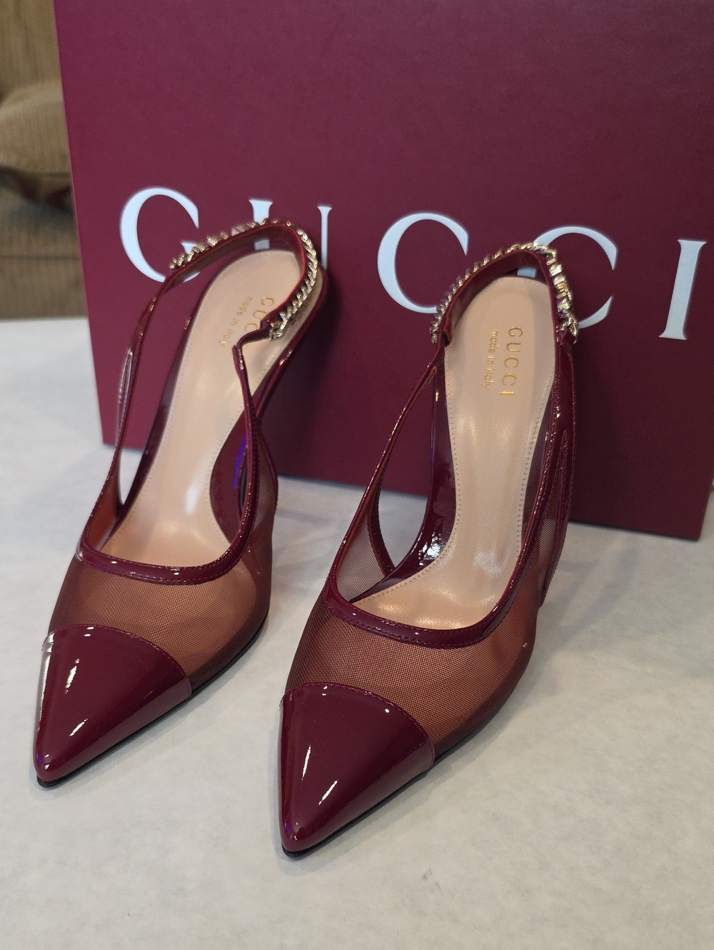 Gucci Burgundy Patent & Mesh Pointed Slingback Pumps with Gold Chain
